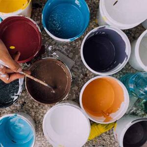 Colored paints in paint buckets